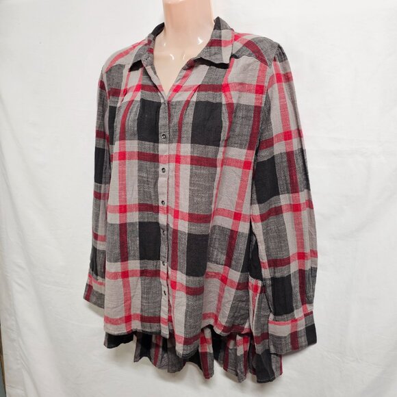 Free People Peppy Plaid Boho Top Oversized Shirt Women Size S Cotton - Picture 12 of 12